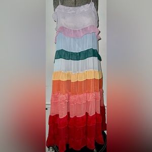 Storia Rainbow Tiered Ruffle Color Me Pretty Summer Sun Pride Dress Small NWOT